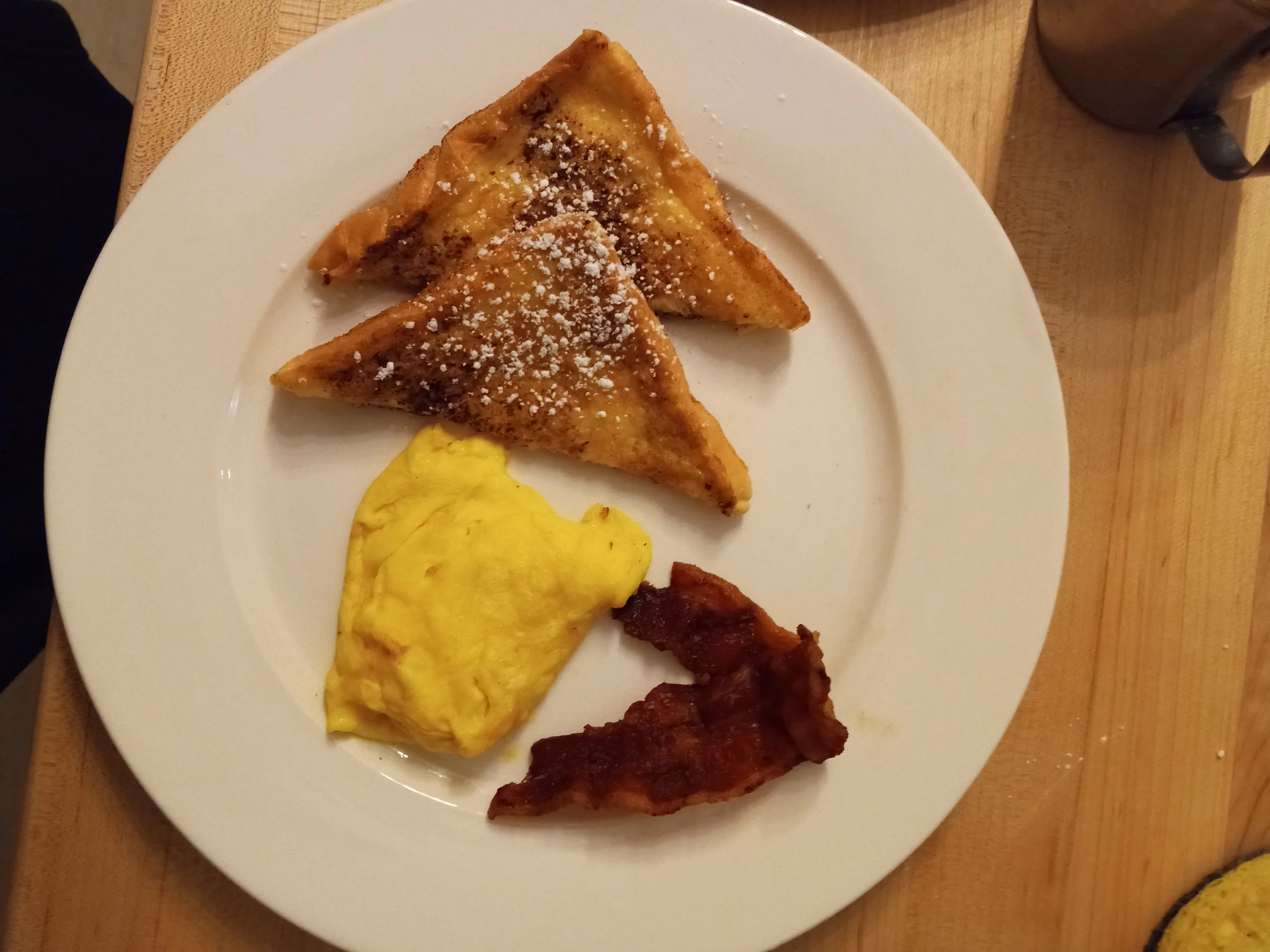 Children's french toast, eggs, and bacon